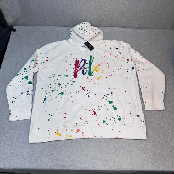 POLO Ralph Lauren Logo Paint Splatter Hoodie Sweatshirt White Men's Size 3XLT - Picture 4 of 7
